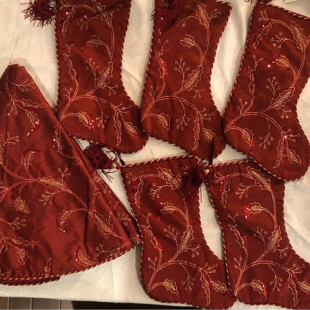 Christmas Tree Skirt with Five (5) Matching Stockings - Red / Maroon & Gold